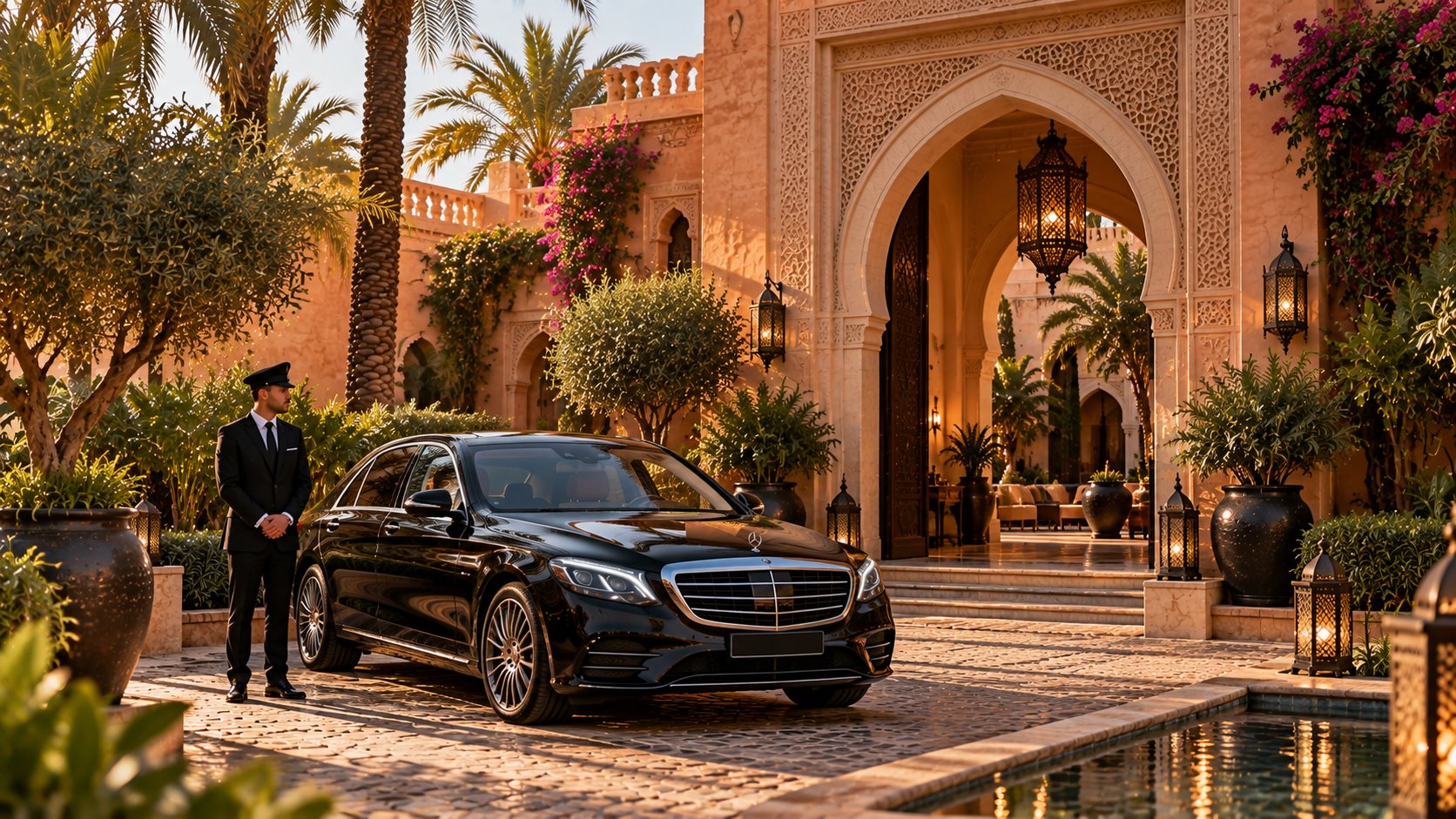 Luxury Dream Tours vehicle in front of Moroccan architecture