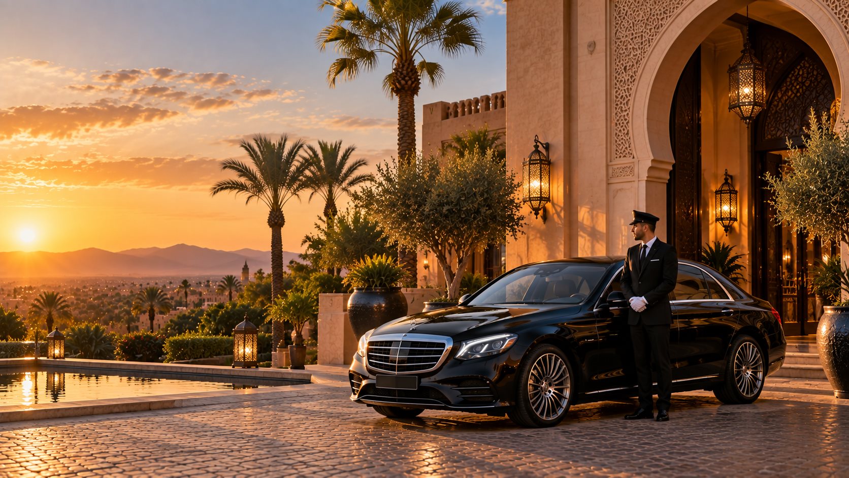 Dream Tours chauffeur and luxury vehicle in front of Moroccan architecture